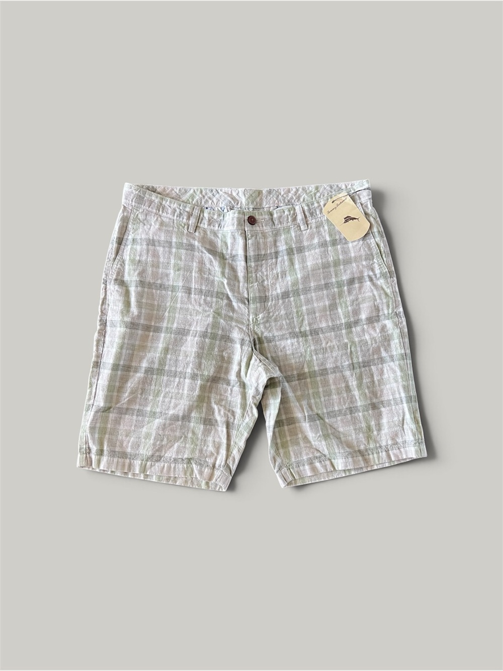 NWT Tommy Bahama Men’s Linen Shorts Plaid Beige Cream Green Size 40